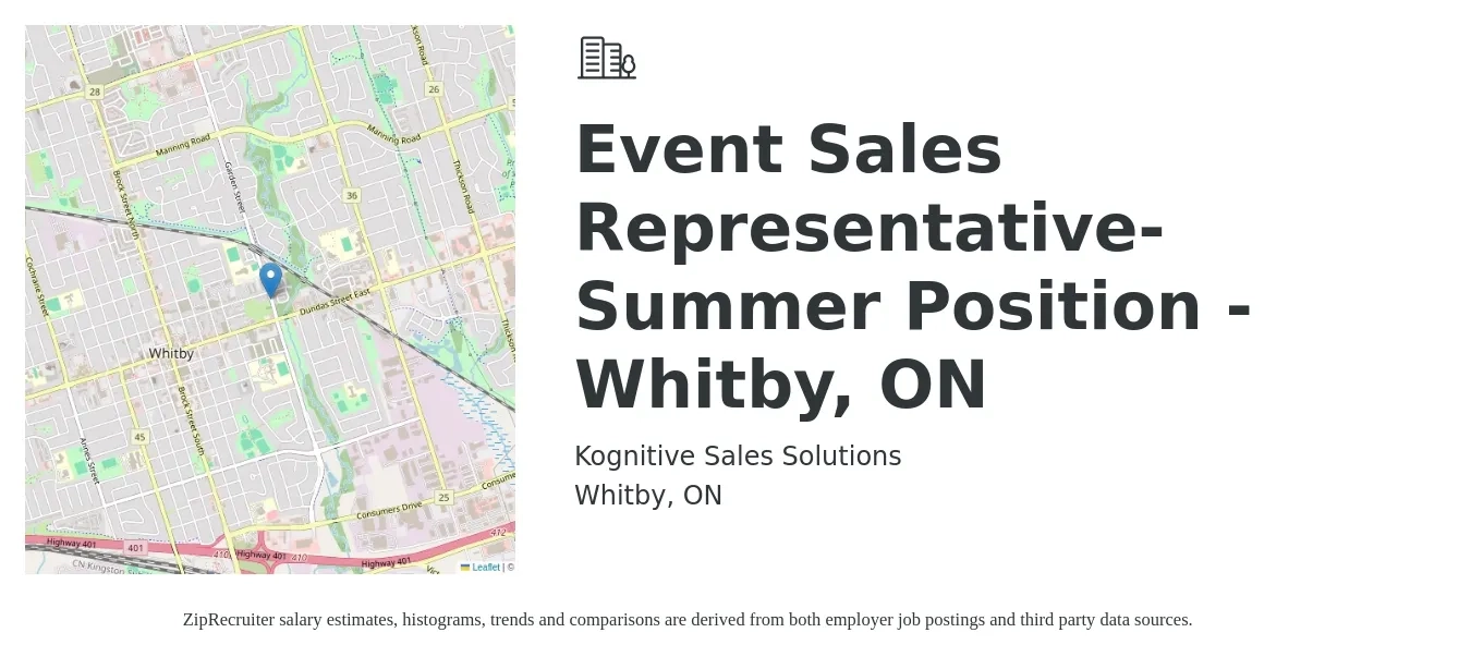 Kognitive Sales Solutions job posting for a Event Sales Representative- Summer Position -Whitby, ON in Whitby, ON with a salary of $17 Hourly with a map of Whitby location.