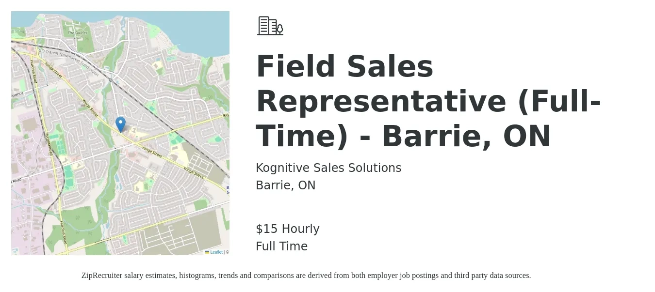 Kognitive Sales Solutions job posting for a Field Sales Representative (Full-Time) - Barrie, ON in Barrie, ON with a salary of $17 Hourly with a map of Barrie location.