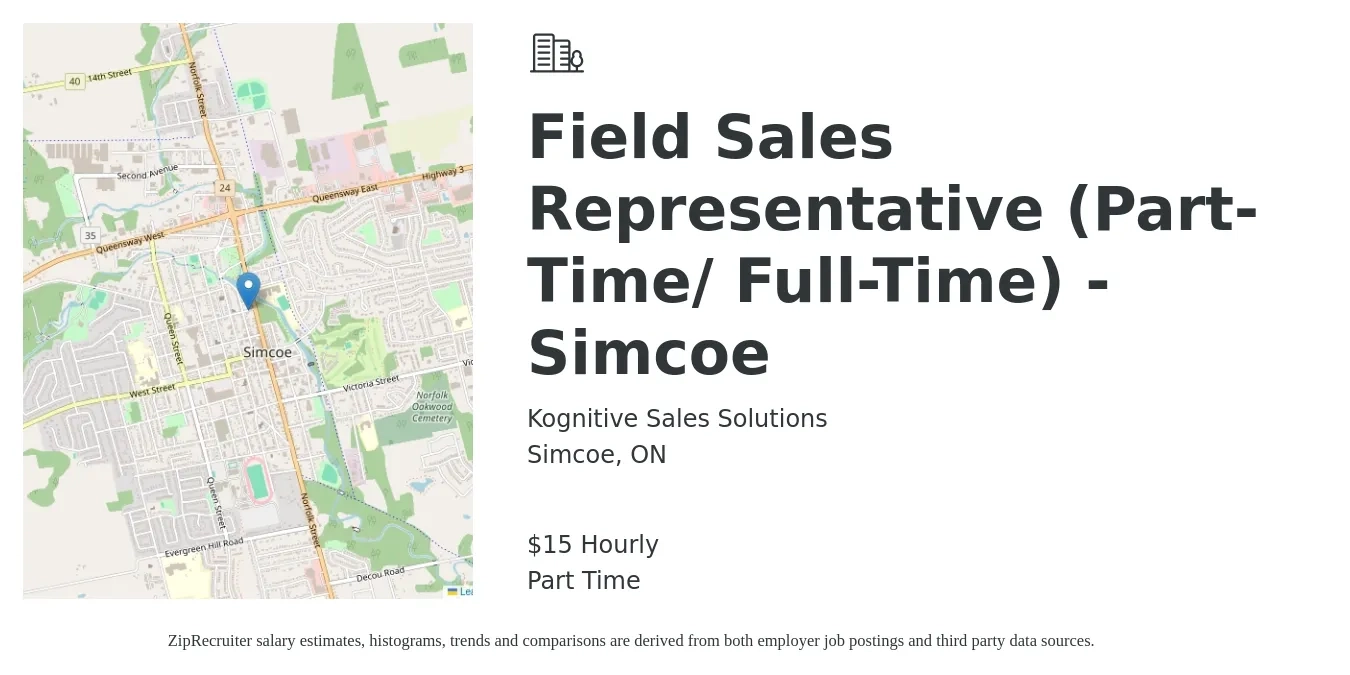 Kognitive Sales Solutions job posting for a Field Sales Representative (Part-Time/ Full-Time) - Simcoe in Simcoe, ON with a salary of $17 Hourly with a map of Simcoe location.
