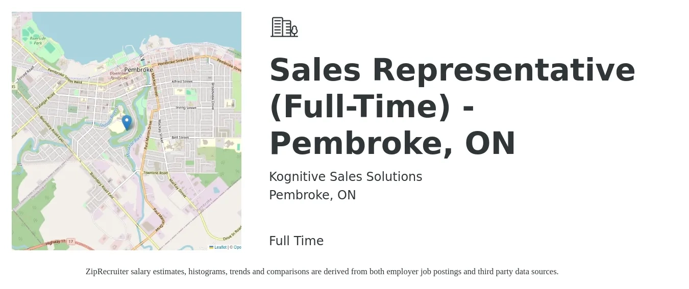 Kognitive Sales Solutions job posting for a Sales Representative (Full-Time) - Pembroke, ON in Pembroke, ON with a salary of $17 Hourly with a map of Pembroke location.