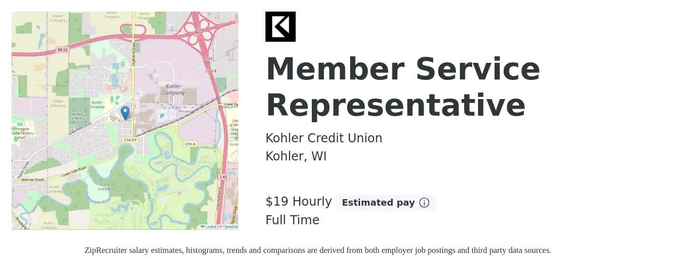 Kohler Credit Union job posting for a Member Service Representative in Kohler, WI with a salary of $20 Hourly with a map of Kohler location.