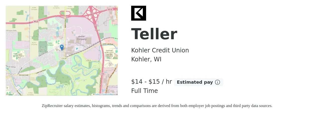 Kohler Credit Union job posting for a Teller in Kohler, WI with a salary of $15 to $16 Hourly with a map of Kohler location.