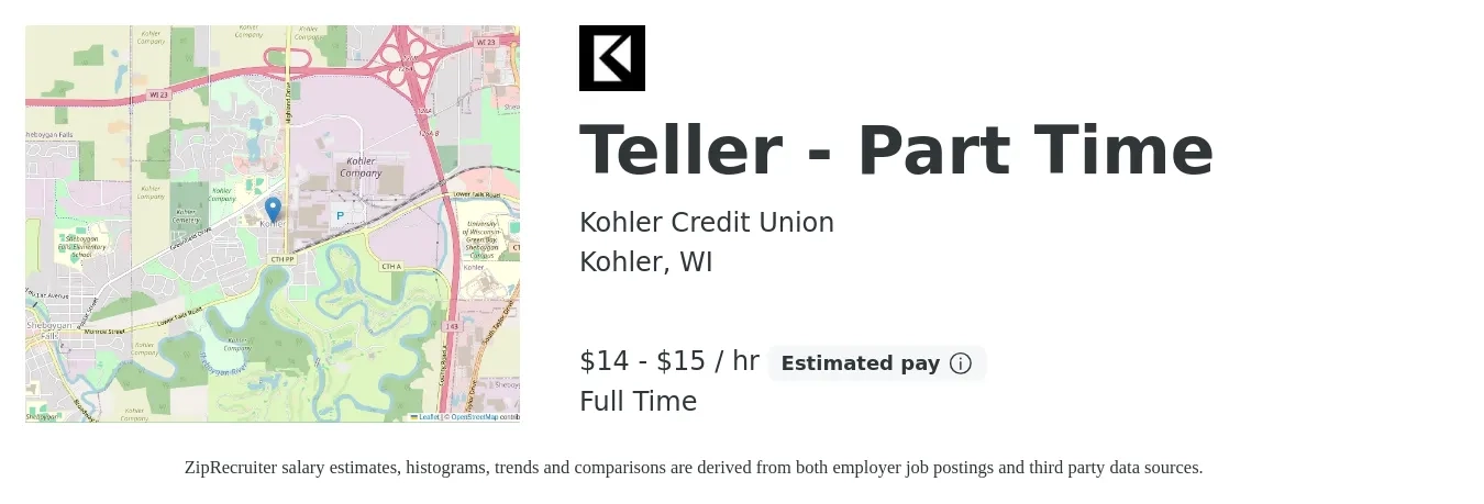 Kohler Credit Union job posting for a Teller - Part Time in Kohler, WI with a salary of $15 to $16 Hourly with a map of Kohler location.