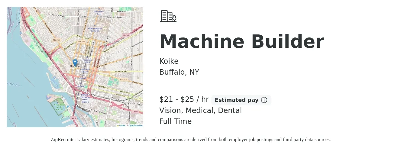 Koike job posting for a Machine Builder in Buffalo, NY with a salary of $22 to $26 Hourly and benefits including dental, life_insurance, medical, pto, retirement, and vision with a map of Buffalo location.