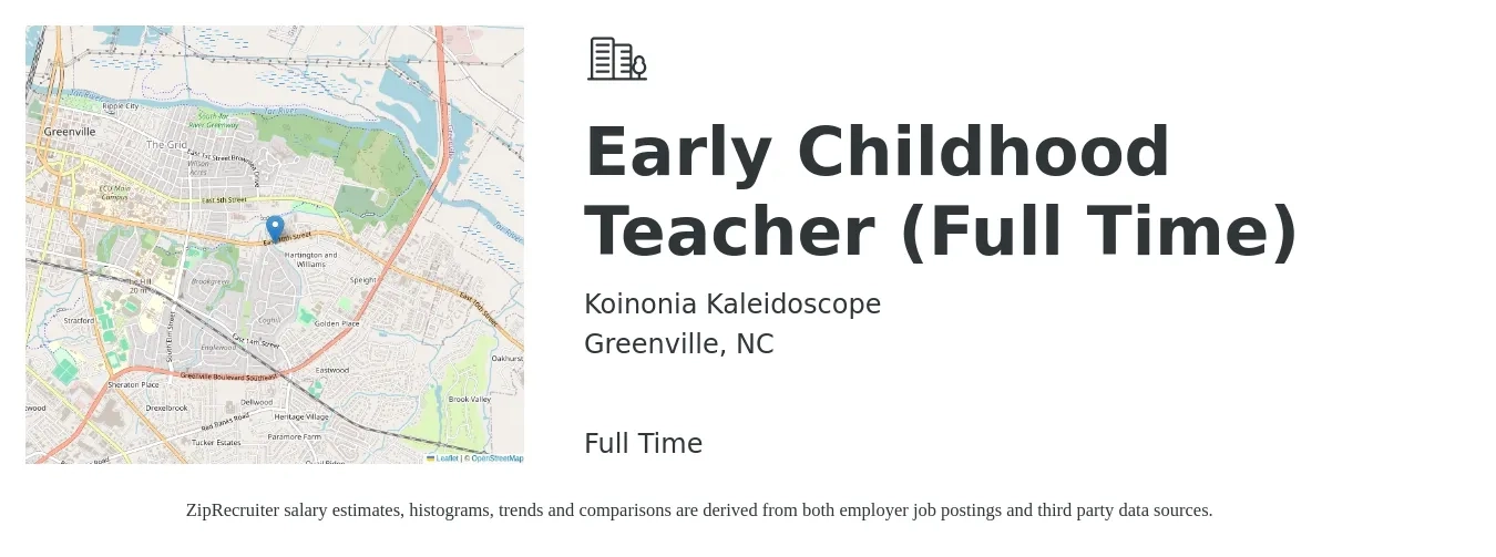 Koinonia Kaleidoscope job posting for a Early Childhood Teacher (Full Time) in Greenville, NC with a salary of $10 to $18 Hourly with a map of Greenville location.