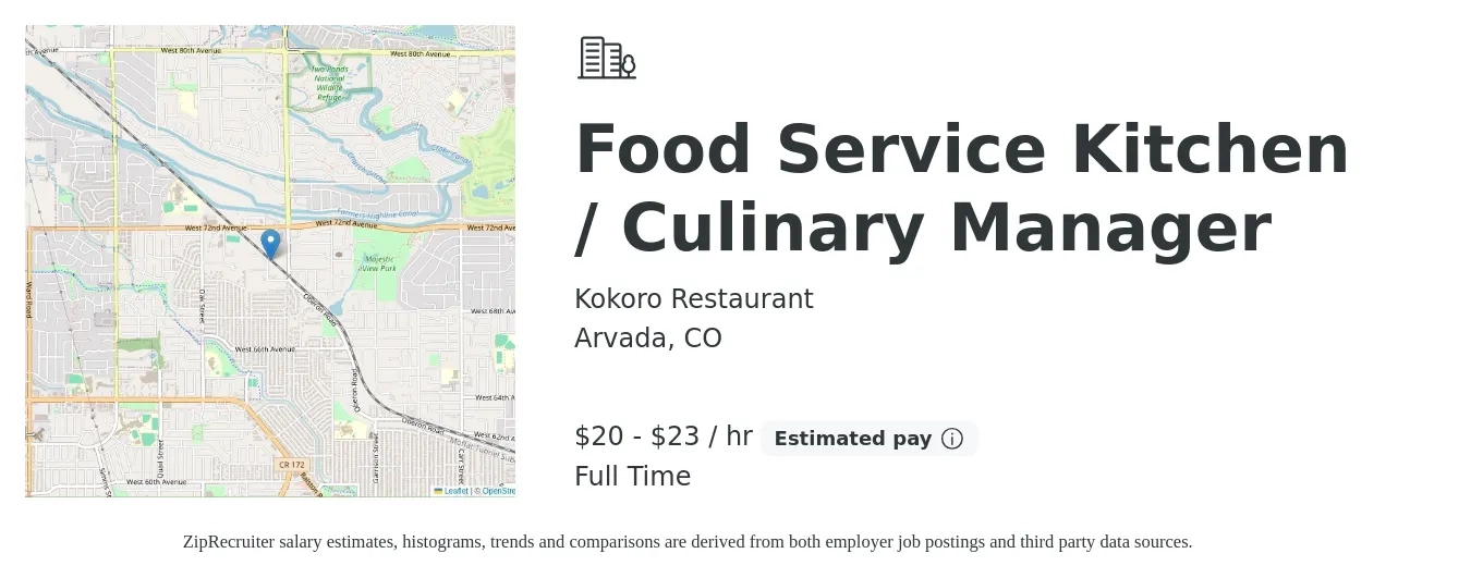 Kokoro Restaurant job posting for a Food Service Kitchen / Culinary Manager in Arvada, CO with a salary of $21 to $24 Hourly with a map of Arvada location.