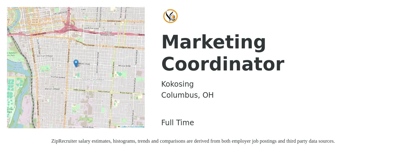 Kokosing job posting for a Marketing Coordinator in Columbus, OH with a salary of $41,000 to $56,500 Yearly with a map of Columbus location.