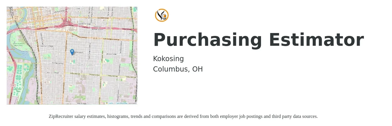 Kokosing job posting for a Purchasing Estimator in Columbus, OH with a salary of $59,900 to $95,600 Yearly with a map of Columbus location.