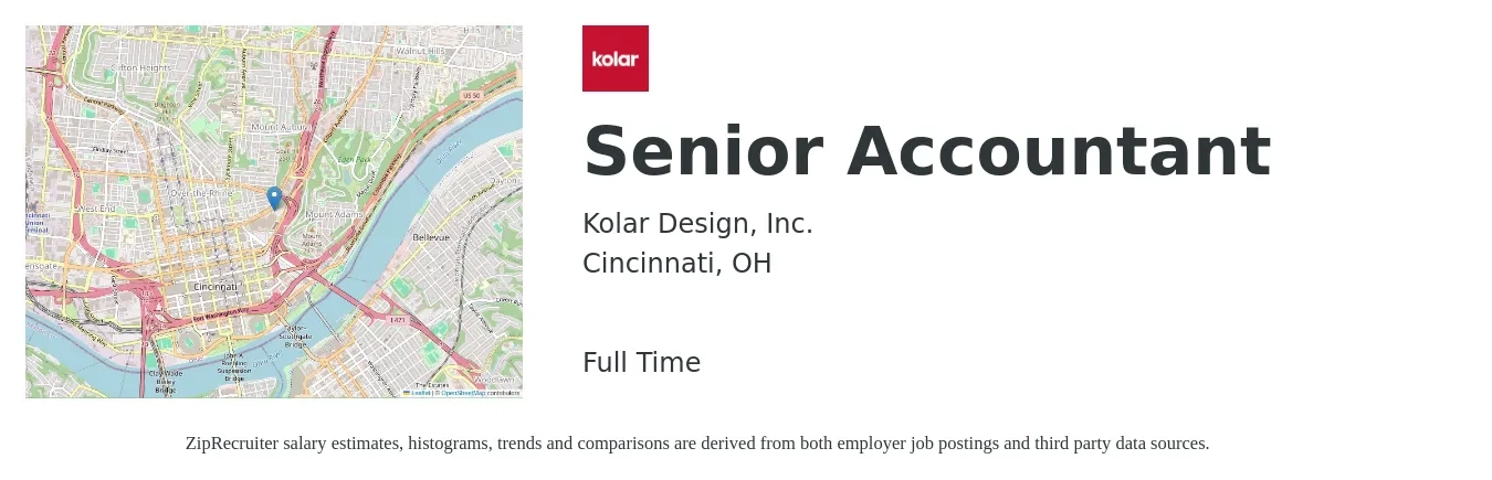 Kolar Design, Inc. job posting for a Senior Accountant in Cincinnati, OH with a salary of $71,000 to $89,200 Yearly with a map of Cincinnati location.