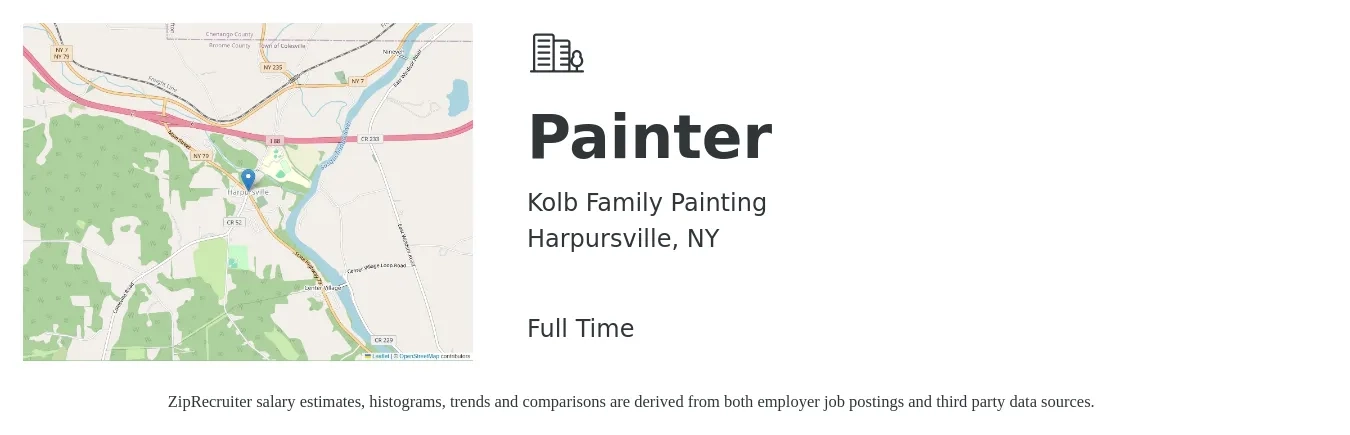 Kolb Family Painting job posting for a Painter in Harpursville, NY with a salary of $18 to $24 Hourly with a map of Harpursville location.