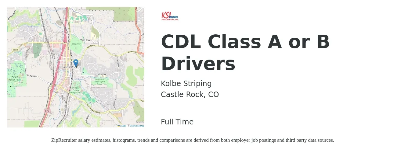 Kolbe Striping job posting for a CDL Class A or B Drivers in Castle Rock, CO with a salary of $28 Hourly with a map of Castle Rock location.
