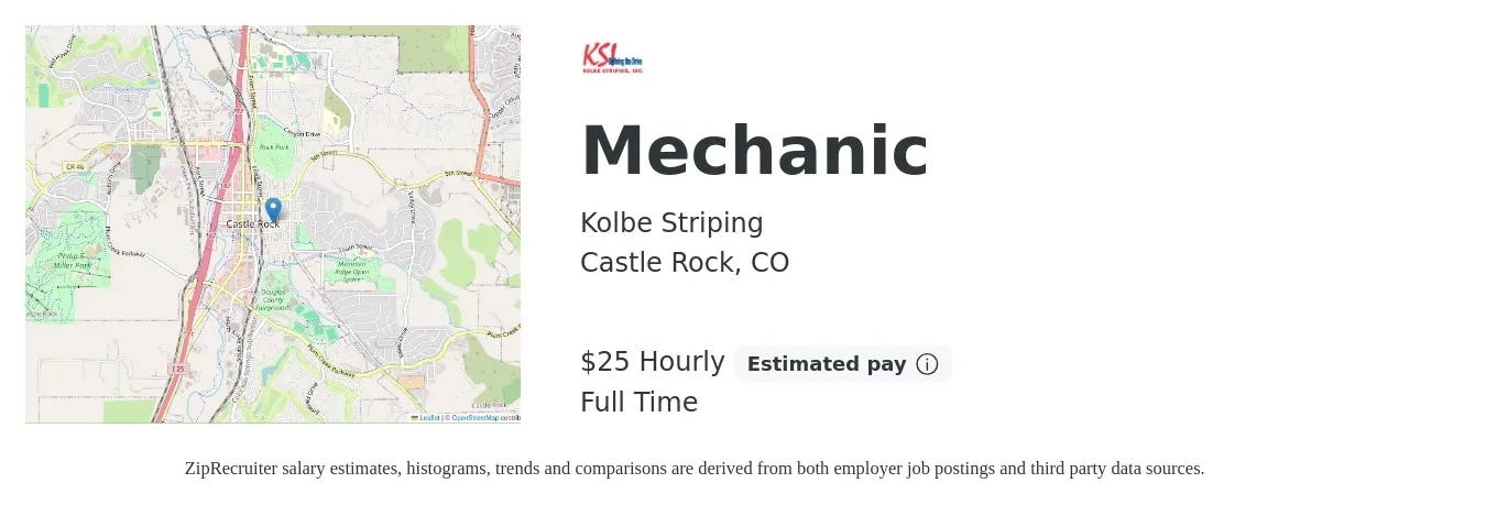 Kolbe Striping job posting for a Mechanic in Castle Rock, CO with a salary of $26 Hourly with a map of Castle Rock location.