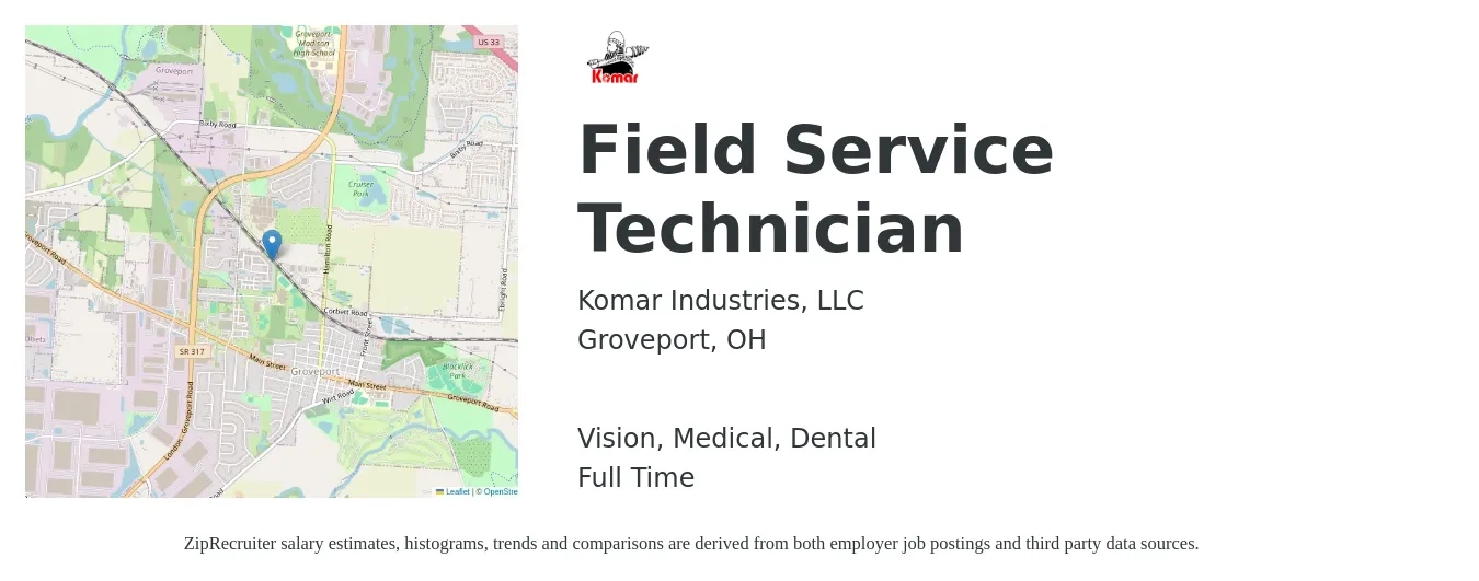 Komar Industries, LLC job posting for a Field Service Technician in Groveport, OH with a salary of $20 to $29 Hourly and benefits including retirement, vision, dental, life_insurance, and medical with a map of Groveport location.