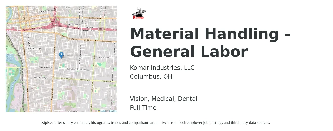 Komar Industries, LLC job posting for a Material Handling - General Labor in Columbus, OH with a salary of $16 to $19 Hourly and benefits including medical, retirement, vision, dental, and life_insurance with a map of Columbus location.