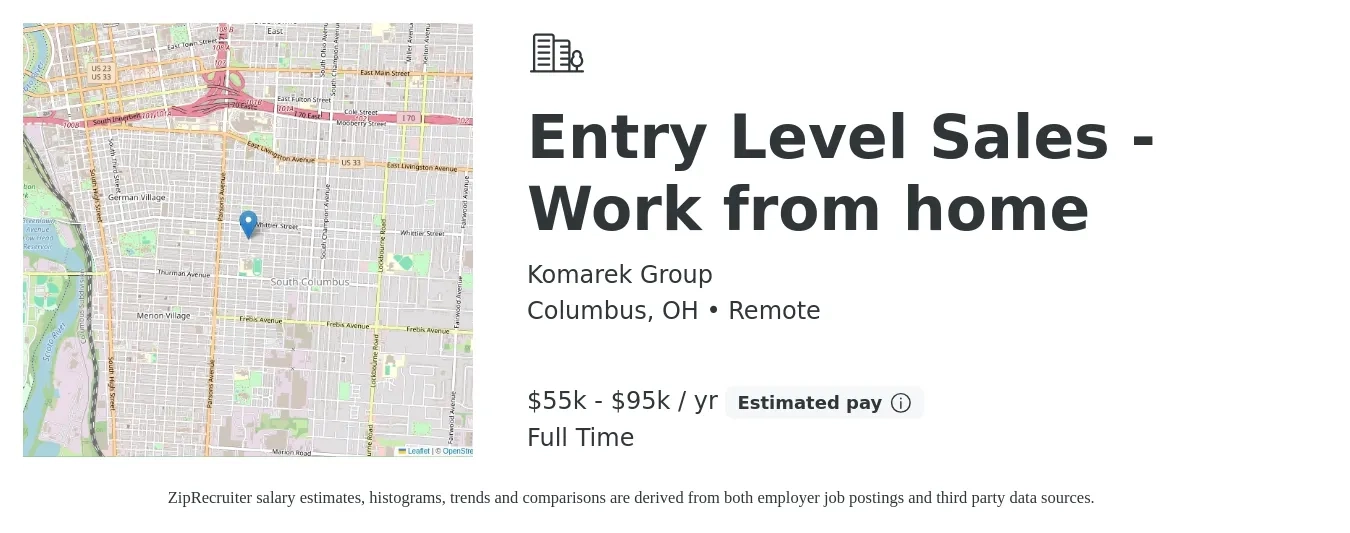 Komarek Group job posting for a Entry Level Sales - Work from home in Columbus, OH with a salary of $55,000 to $95,000 Yearly with a map of Columbus location.