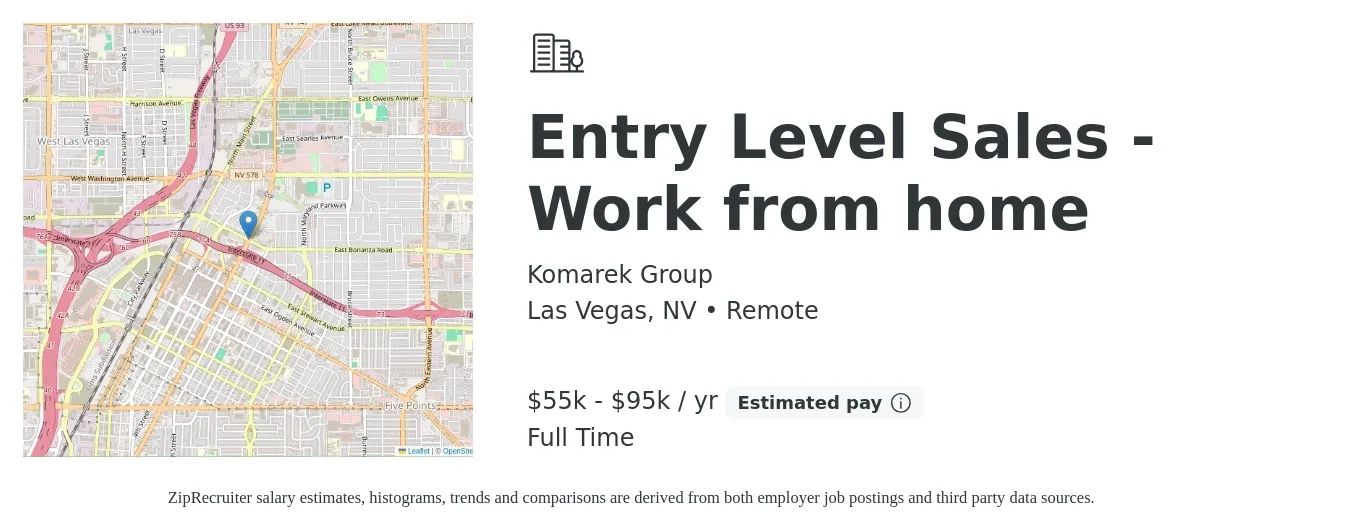 Komarek Group job posting for a Entry Level Sales - Work from home in Las Vegas, NV with a salary of $55,000 to $95,000 Yearly with a map of Las Vegas location.