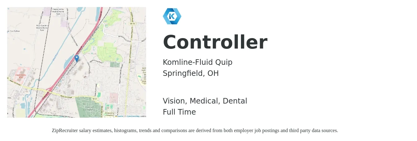 Komline-Fluid Quip job posting for a Controller in Springfield, OH with a salary of $87,400 to $124,800 Yearly and benefits including dental, life_insurance, medical, retirement, and vision with a map of Springfield location.