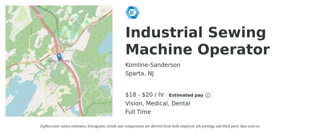 Komline-Sanderson job posting for a Industrial Sewing Machine Operator in Sparta, NJ with a salary of $19 to $21 Hourly and benefits including retirement, vision, dental, and medical with a map of Sparta location.