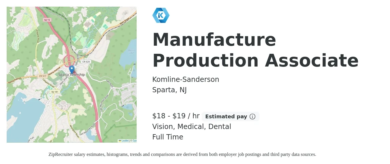 Komline-Sanderson job posting for a Manufacture Production Associate in Sparta, NJ with a salary of $19 to $20 Hourly and benefits including pto, retirement, vision, dental, life_insurance, and medical with a map of Sparta location.