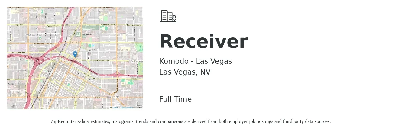 Komodo - Las Vegas job posting for a Receiver in Las Vegas, NV with a salary of $15 to $19 Hourly with a map of Las Vegas location.