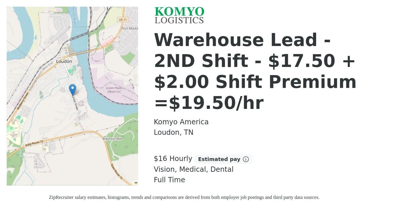 Komyo America job posting for a Warehouse Lead - 2ND Shift - $17.50 + $2.00 Shift Premium =$19.50/hr in Loudon, TN with a salary of $18 Hourly and benefits including medical, retirement, vision, dental, and life_insurance with a map of Loudon location.