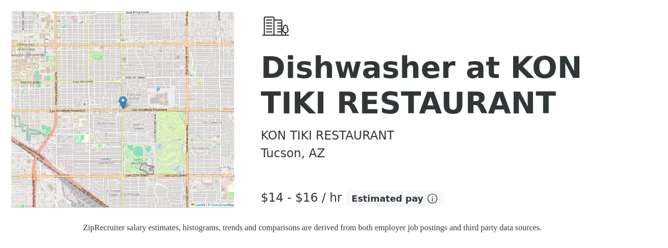 KON TIKI RESTAURANT job posting for a Dishwasher at KON TIKI RESTAURANT in Tucson, AZ with a salary of $15 to $17 Hourly with a map of Tucson location.