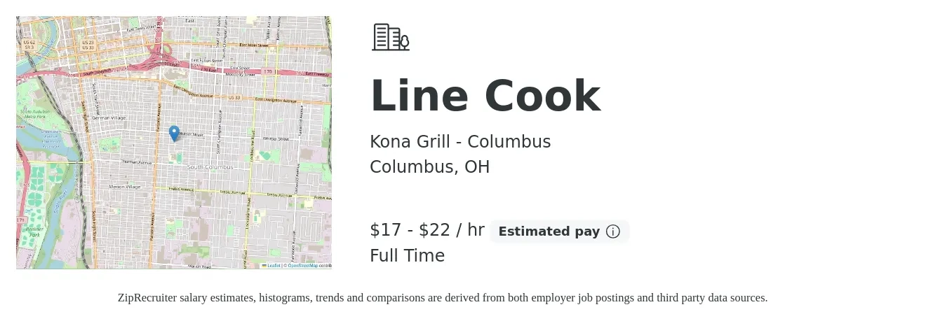 Kona Grill - Columbus job posting for a Line Cook in Columbus, OH with a salary of $18 to $23 Hourly with a map of Columbus location.