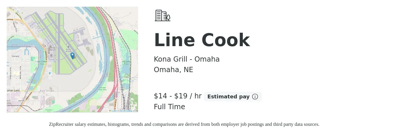 Kona Grill - Omaha job posting for a Line Cook in Omaha, NE with a salary of $15 to $20 Hourly with a map of Omaha location.
