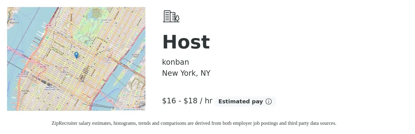 konban job posting for a Host in New York, NY with a salary of $17 to $19 Hourly with a map of New York location.