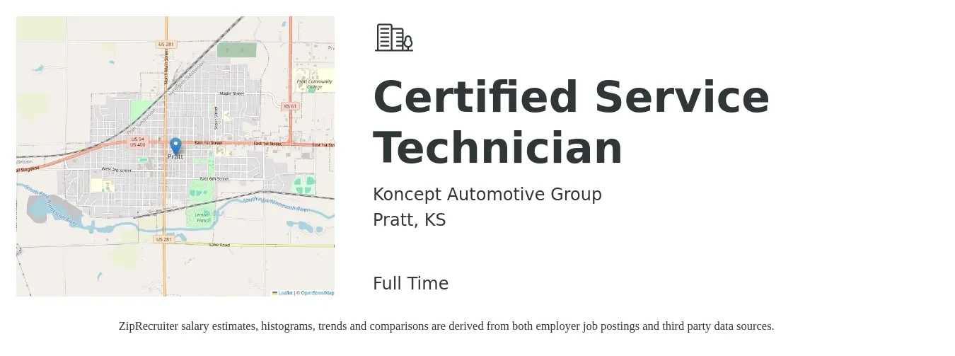 Koncept Automotive Group job posting for a Certified Service Technician in Pratt, KS with a salary of $16 to $26 Hourly with a map of Pratt location.