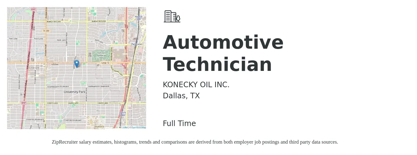 KONECKY OIL INC. job posting for a Automotive Technician in Dallas, TX with a salary of $22 to $34 Hourly with a map of Dallas location.
