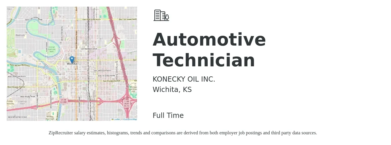 KONECKY OIL INC. job posting for a Automotive Technician in Wichita, KS with a salary of $20 to $31 Hourly with a map of Wichita location.