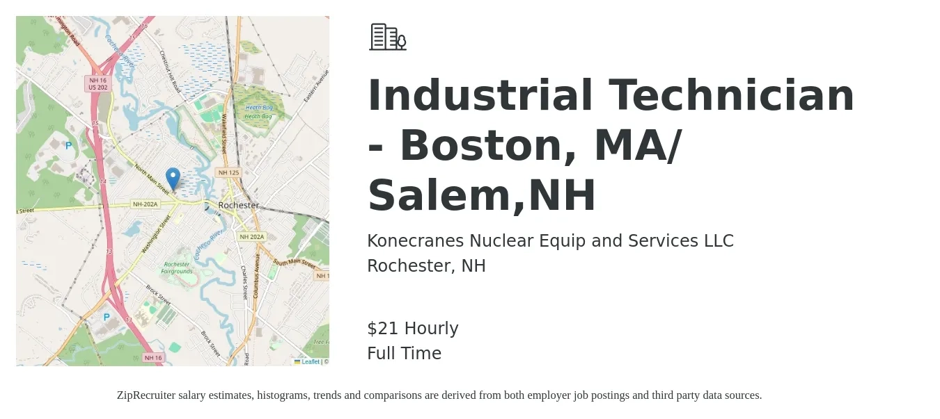 Konecranes Nuclear Equip and Services LLC job posting for a Industrial Technician - Boston, MA/ Salem,NH in Rochester, NH with a salary of $22 Hourly with a map of Rochester location.