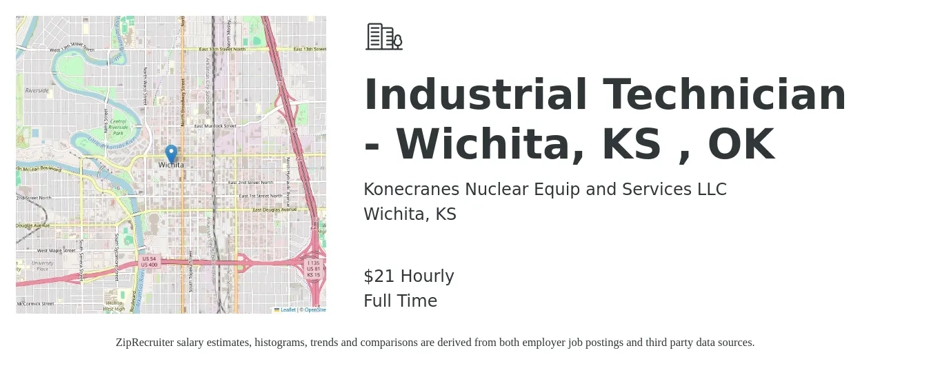 Konecranes Nuclear Equip and Services LLC job posting for a Industrial Technician - Wichita, KS , OK in Wichita, KS with a salary of $22 Hourly with a map of Wichita location.