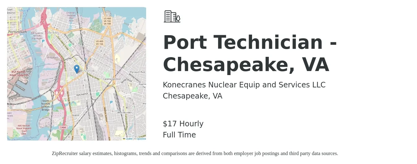 Konecranes Nuclear Equip and Services LLC job posting for a Port Technician - Chesapeake, VA in Chesapeake, VA with a salary of $18 Hourly with a map of Chesapeake location.