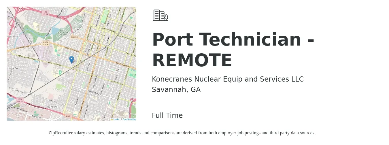 Konecranes Nuclear Equip and Services LLC job posting for a Port Technician - REMOTE in Savannah, GA with a salary of $39,100 to $58,700 Yearly with a map of Savannah location.