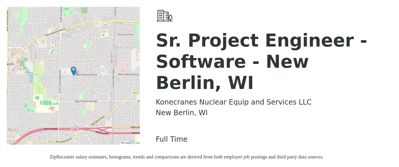 Konecranes Nuclear Equip and Services LLC job posting for a Sr. Project Engineer - Software - New Berlin, WI in New Berlin, WI with a salary of $121,700 to $160,500 Yearly with a map of New Berlin location.