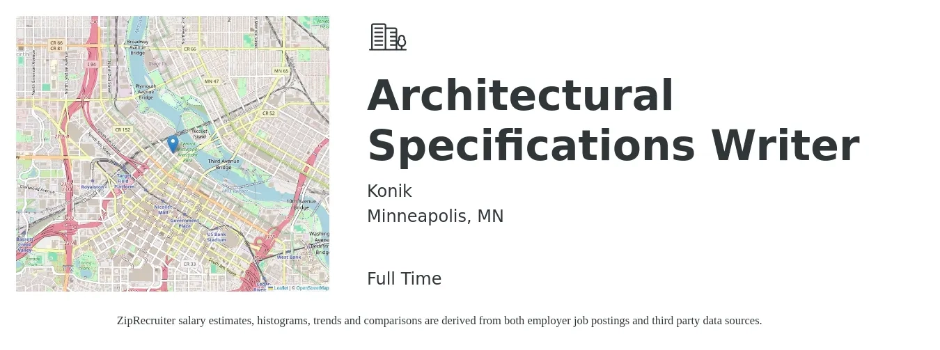 Konik job posting for a Architectural Specifications Writer in Minneapolis, MN with a salary of $31 to $51 Hourly with a map of Minneapolis location.