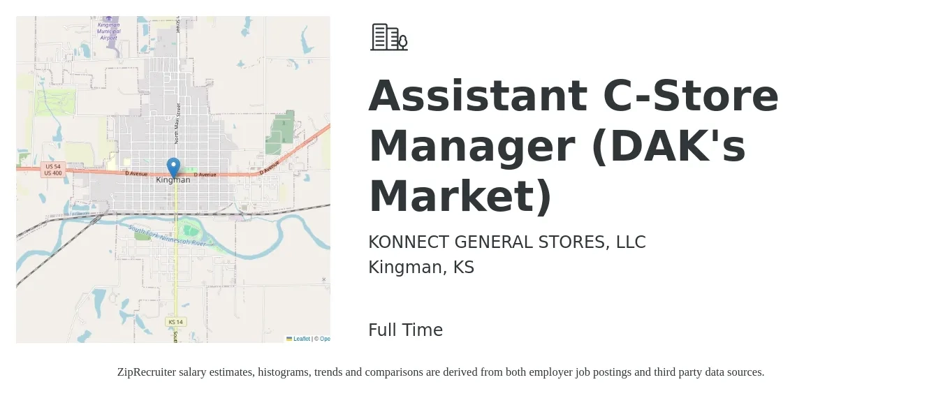 KONNECT GENERAL STORES, LLC job posting for a Assistant C-Store Manager (DAK's Market) in Kingman, KS with a salary of $14 to $20 Hourly with a map of Kingman location.