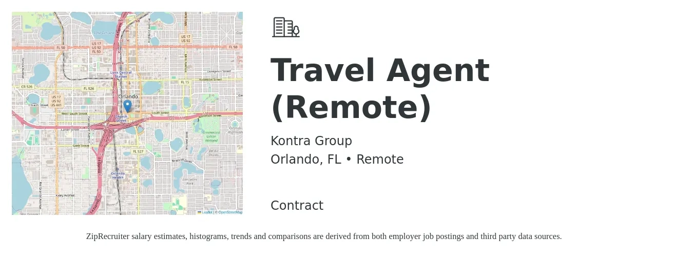 Kontra Group job posting for a Travel Agent (Remote) in Orlando, FL with a salary of $16 to $21 Hourly with a map of Orlando location.