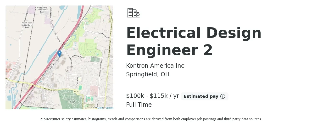 Kontron America Inc job posting for a Electrical Design Engineer 2 in Springfield, OH with a salary of $100,000 to $115,000 Yearly with a map of Springfield location.