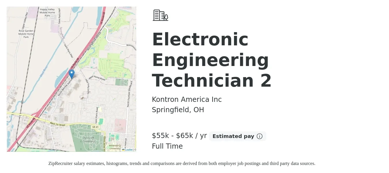 Kontron America Inc job posting for a Electronic Engineering Technician 2 in Springfield, OH with a salary of $55,000 to $65,000 Yearly with a map of Springfield location.