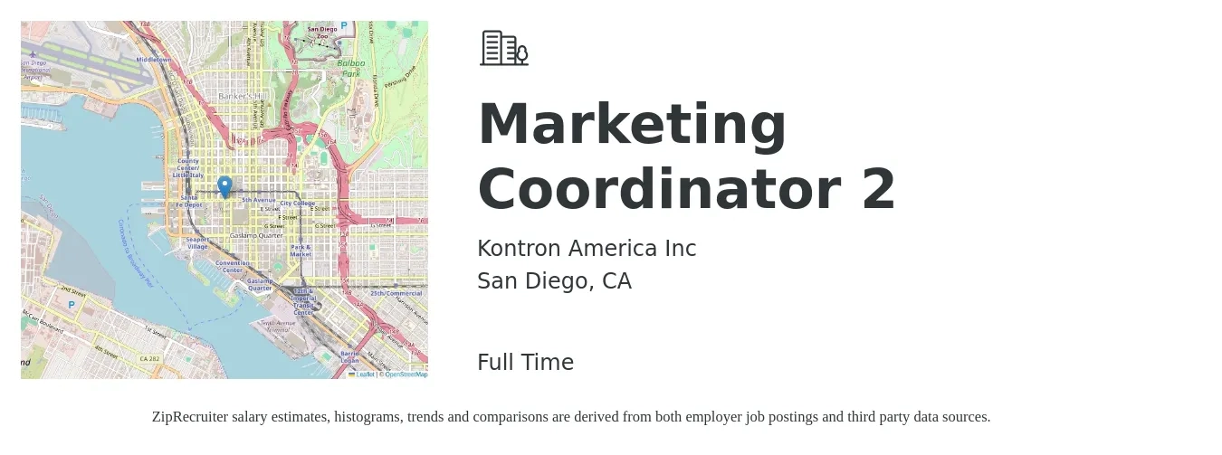 Kontron America Inc job posting for a Marketing Coordinator 2 in San Diego, CA with a salary of $45,100 to $62,000 Yearly with a map of San Diego location.