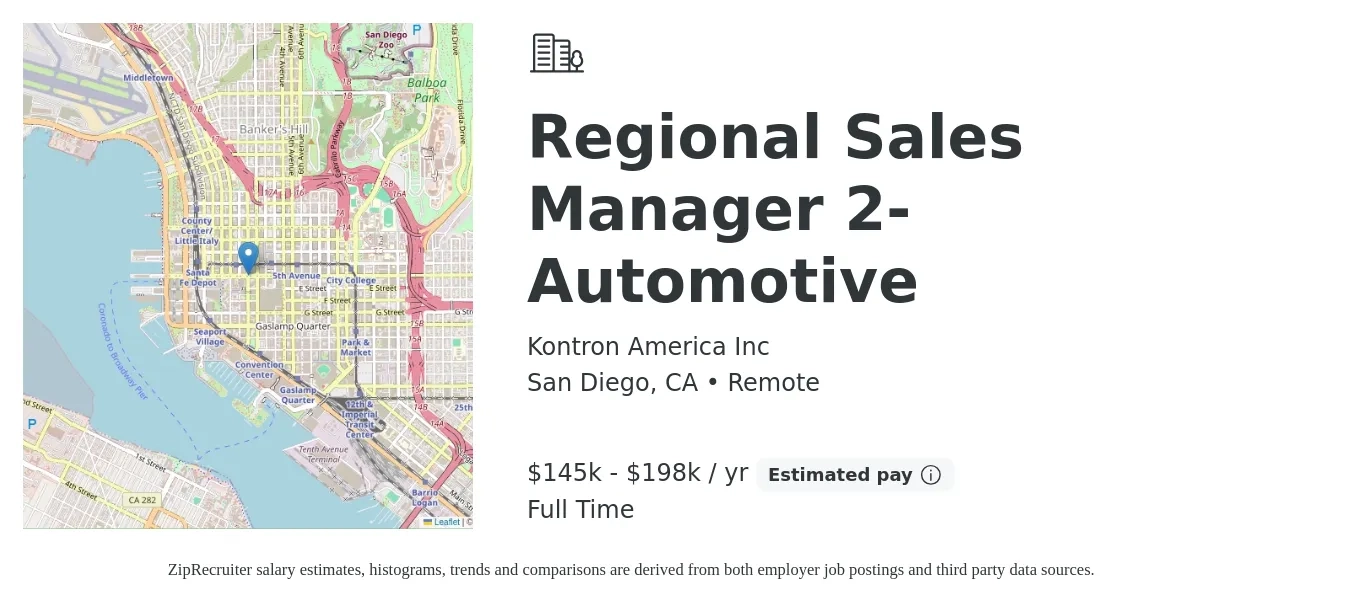 Kontron America Inc job posting for a Regional Sales Manager 2- Automotive in San Diego, CA with a salary of $145,000 to $198,000 Yearly with a map of San Diego location.