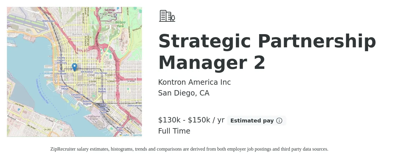 Kontron America Inc job posting for a Strategic Partnership Manager 2 in San Diego, CA with a salary of $130,000 to $150,000 Yearly with a map of San Diego location.
