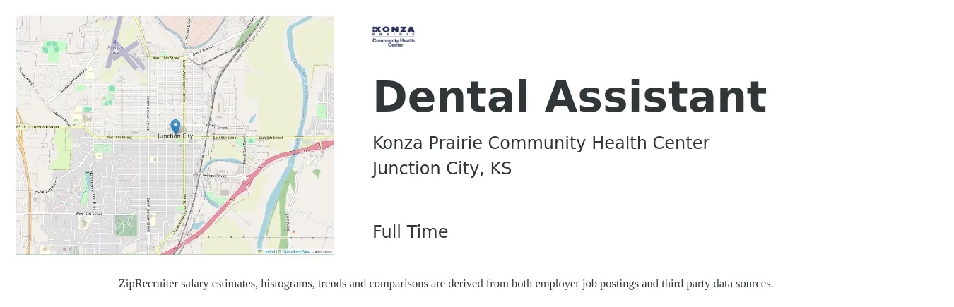 Konza Prairie Community Health Center job posting for a Dental Assistant in Junction City, KS with a salary of $17 to $22 Hourly with a map of Junction City location.