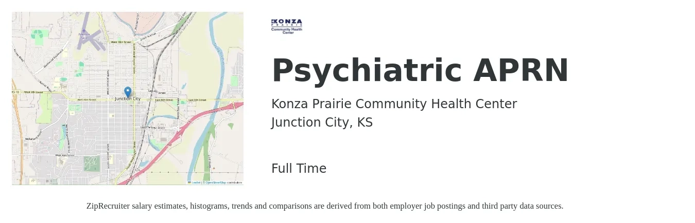 Konza Prairie Community Health Center job posting for a Psychiatric APRN in Junction City, KS with a salary of $101,300 to $131,100 Yearly with a map of Junction City location.