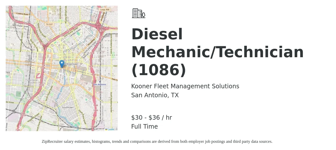Kooner Fleet Management Solutions job posting for a Diesel Mechanic/Technician (1086) in San Antonio, TX with a salary of $32 to $38 Hourly with a map of San Antonio location.