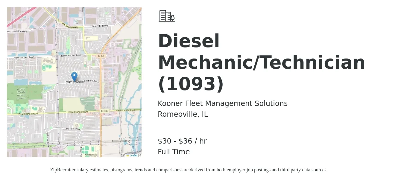 Kooner Fleet Management Solutions job posting for a Diesel Mechanic/Technician (1093) in Romeoville, IL with a salary of $32 to $38 Hourly with a map of Romeoville location.