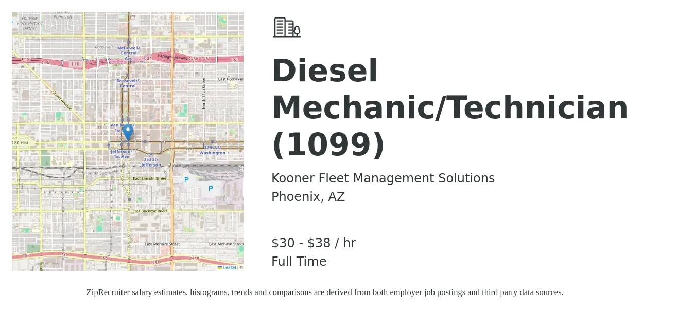 Kooner Fleet Management Solutions job posting for a Diesel Mechanic/Technician (1099) in Phoenix, AZ with a salary of $32 to $40 Hourly with a map of Phoenix location.